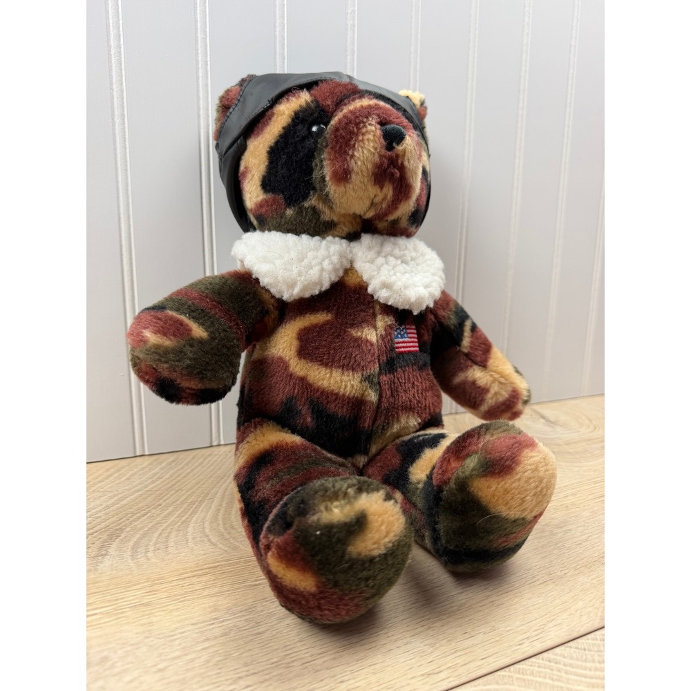 SKM Enterprises Vintage Camo Teddy Bear Pilot Aviator Hat USA Flag Plush 12 Inch - Picture 2 of 15